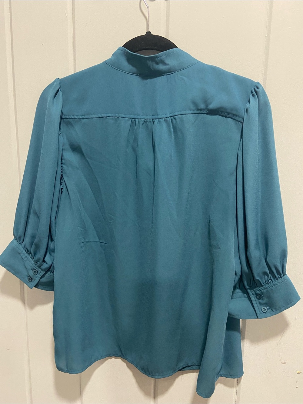 CeCe Teal Puff-Sleeve Button-Front Blouse - Picture 3 of 6